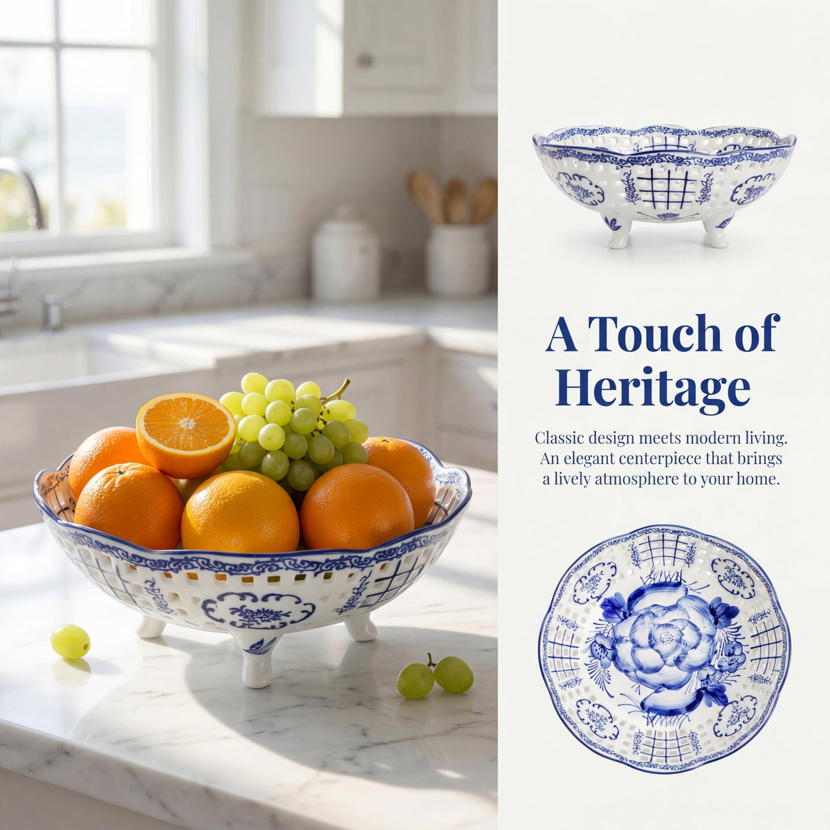 YIMITEE 10 Inch Ceramic Fruit Bowl, Blue and White Porcelain Pedestal Fruit Basket, Chinoiserie Decorative Vegetable Holder with Drainage Hole for Kitchen Counter Veggies, Candy, Cookie, Cake