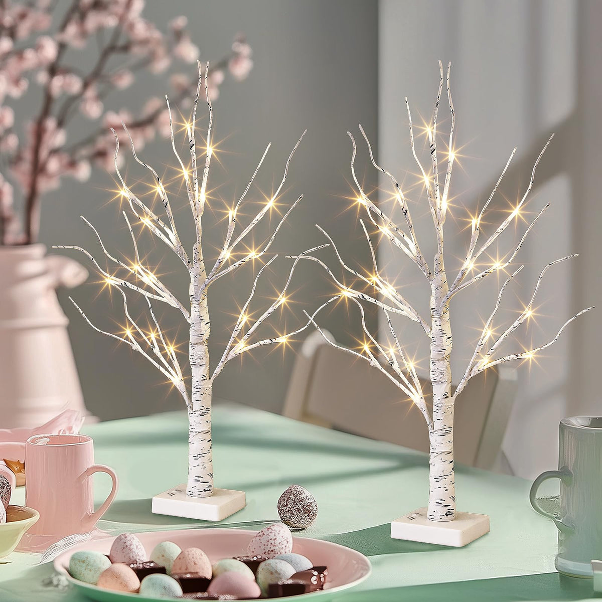 PEIDUO Home Decor, 2FT Birch Tree with LED Lights, Warm White Light up Tree Lamp, Artificial Trees for Home Table Inside, Battery Powered, Timer (2PK)