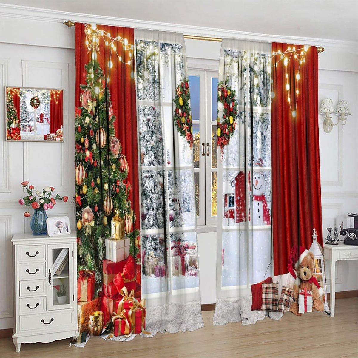 FengMingRui Merry Christmas Curtains Winter Festival Snowman Christmas Tree New Year Christmas Window Treatment Bedroom Living Room Decoration Blackout Decor Window Drapes 52" W X 84" L