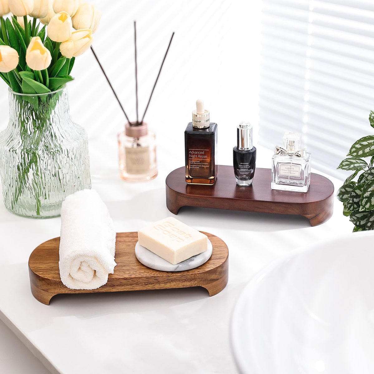 CAMLOT Acacia Wood Risers for Decor Display, Bathroom Counter Decorative Tray, Soap Dish Risers, Pedestal Stand for Bottles,Candle,Plant, Counter Decor for Vanity. (Brown Acacia)