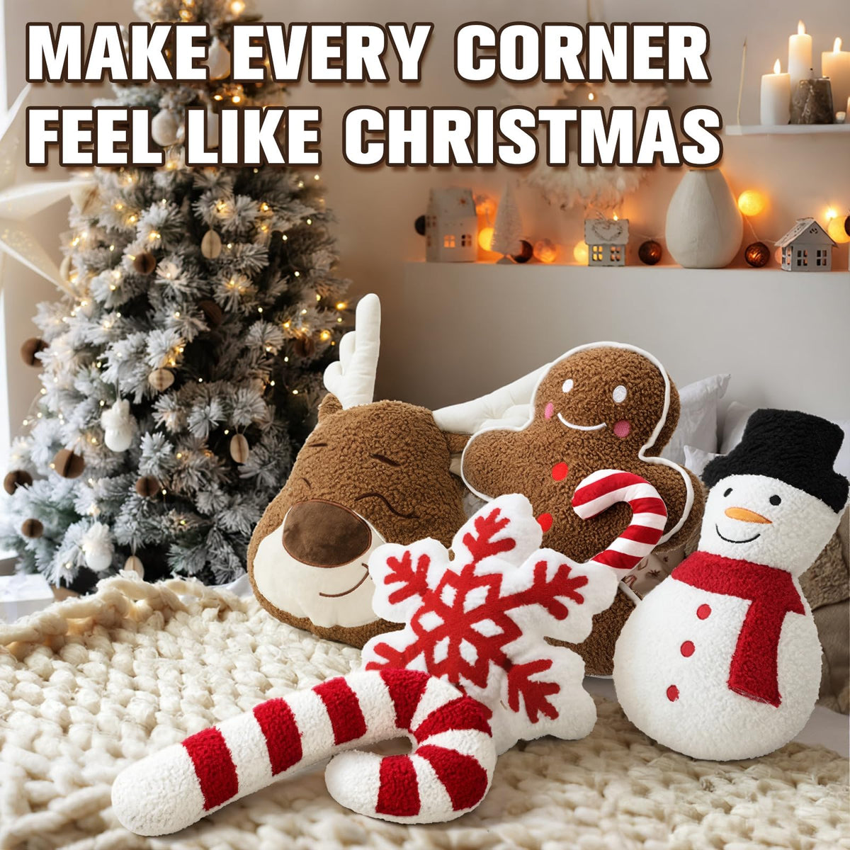 Seeloowy 5 Pcs Christmas Throw Pillows Xmas Tree Gingerbread Man Snowflake Pillows Red White Stripe Candy Cane Peppermint Shape Cushion Stuffed Christmas Decoration for Home Sofa Bed Couch Party