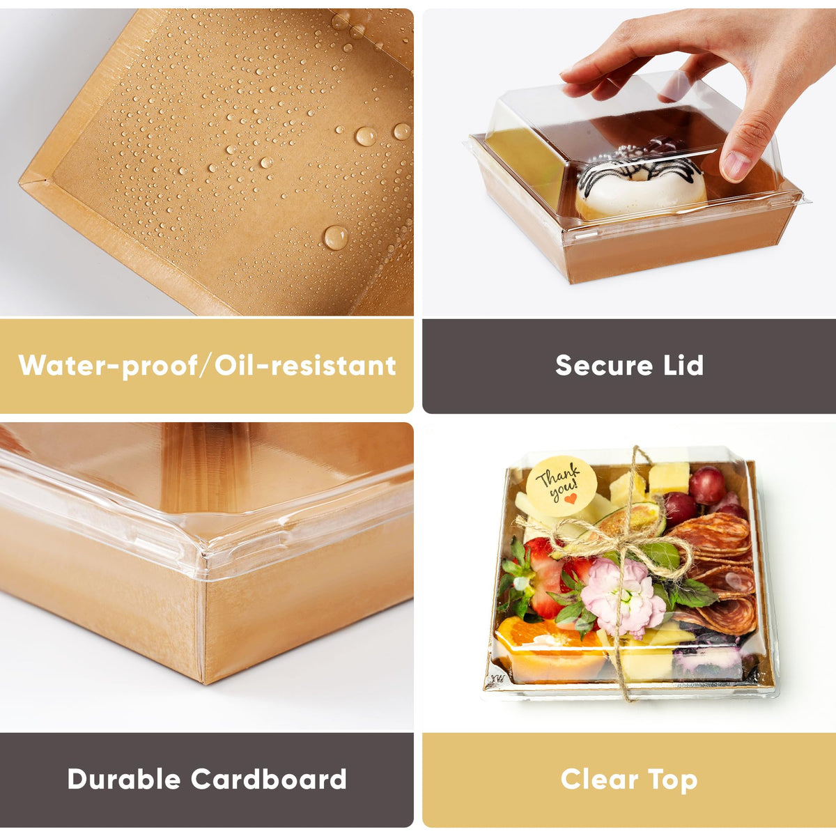 Leafiew 50 Pack Small Charcuterie Boxes with Clear Lids - To Go Paper Mini Charcuterie Box, Disposable Food Containers, 5Inch Dessert Boxes - Sandwich, Cookie, Sushi, Cake Slice, Strawberries (Brown)