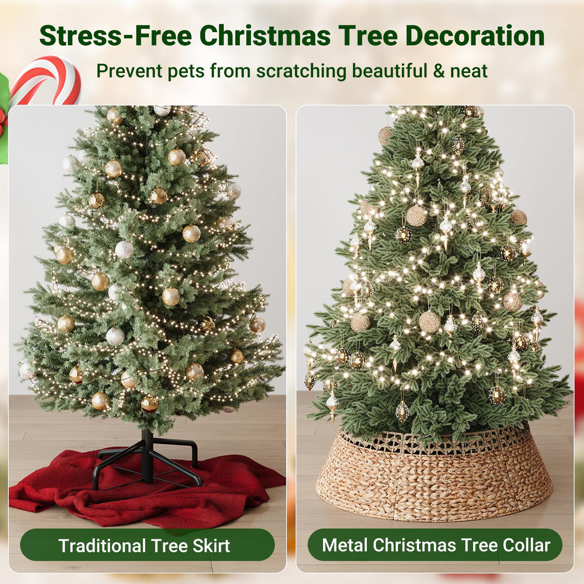 ELYKEN 33 Inch Woven Rattan Christmas Tree Collar, Stylish Seagrass & Water Hyacinth Xmas Tree Skirt for Artificial Trees, Wicker Tree Base Cover with Cord Cut-Out Farmhouse Tree Ring for Home Decor