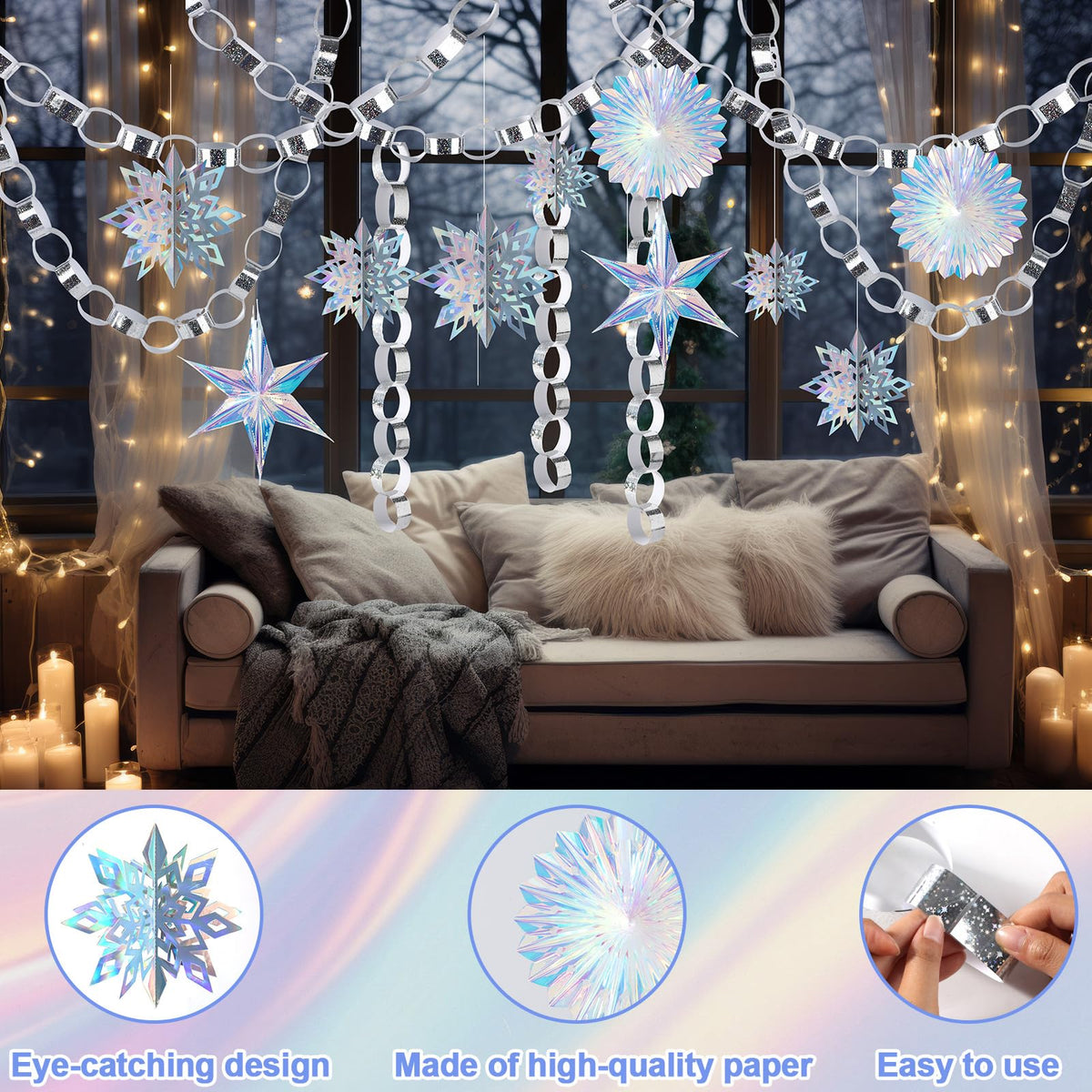 310Pcs Christmas Party Decorations Set Including 3D Iridescent Snowflakes Garland, Paper Chain Strips Craft, Hanging Paper Fans and Hexagonal Star Ornaments for Winter Wonderland Xmas Holiday Decor