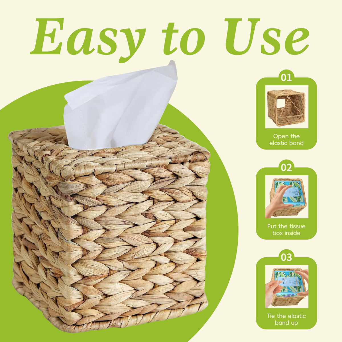 Water Hyacinth Handwoven Tissue Box Cover, Square Decorative Tissue Holder, Natural Handmade Wicker Napkin Box Holder for Bathroom, Living Room, Bedroom, Boho Farmhouse Home Decor