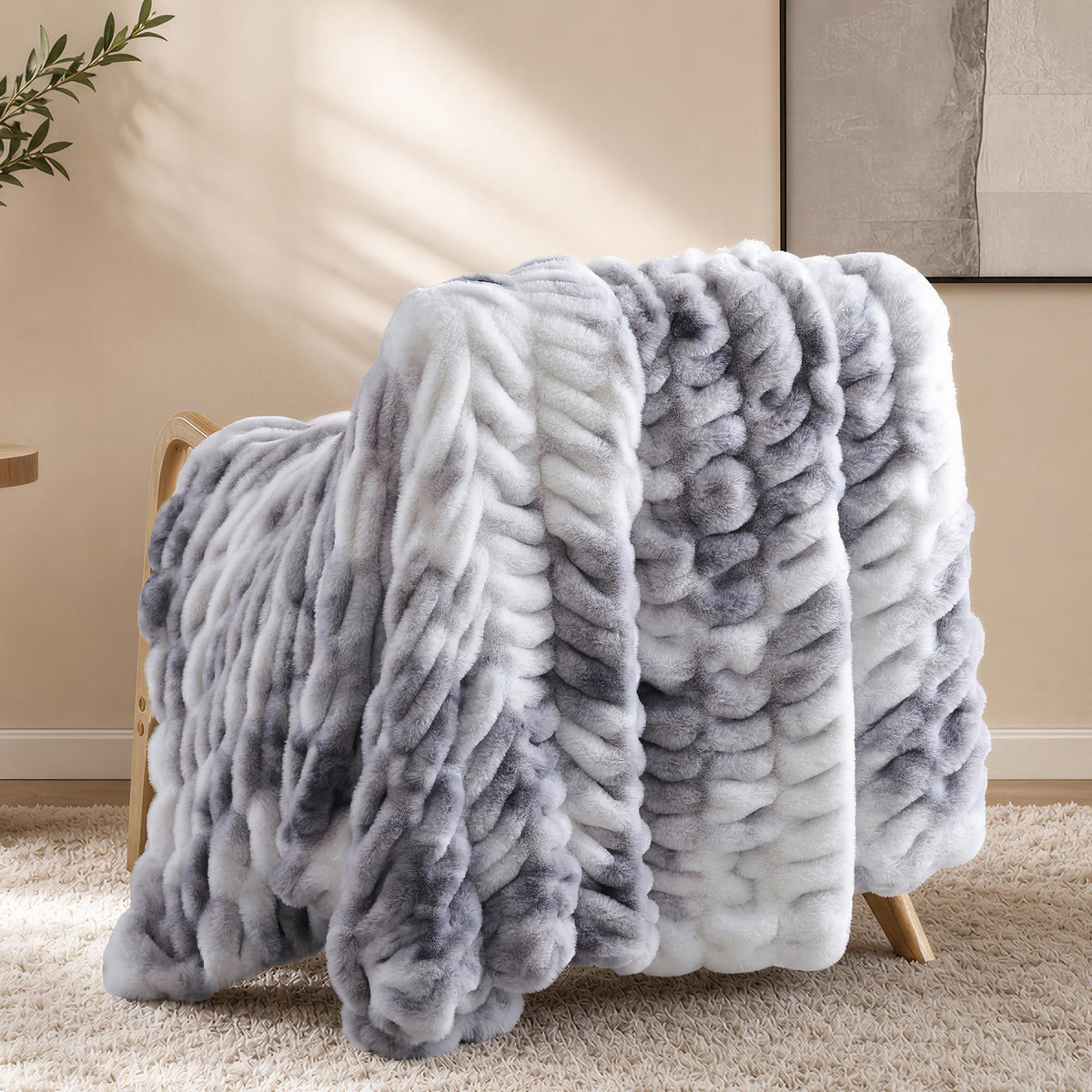 Smoofy Tie-dye Grey Throw Blanket for Couch – Luxury Faux Rabbit Fur Blanket, Ultra Soft Fluffy Plush Fuzzy, Lightweight Warm Cozy Blanket for Bed Sofa, Aesthetic Room Decor Gift for Women 60"x80"