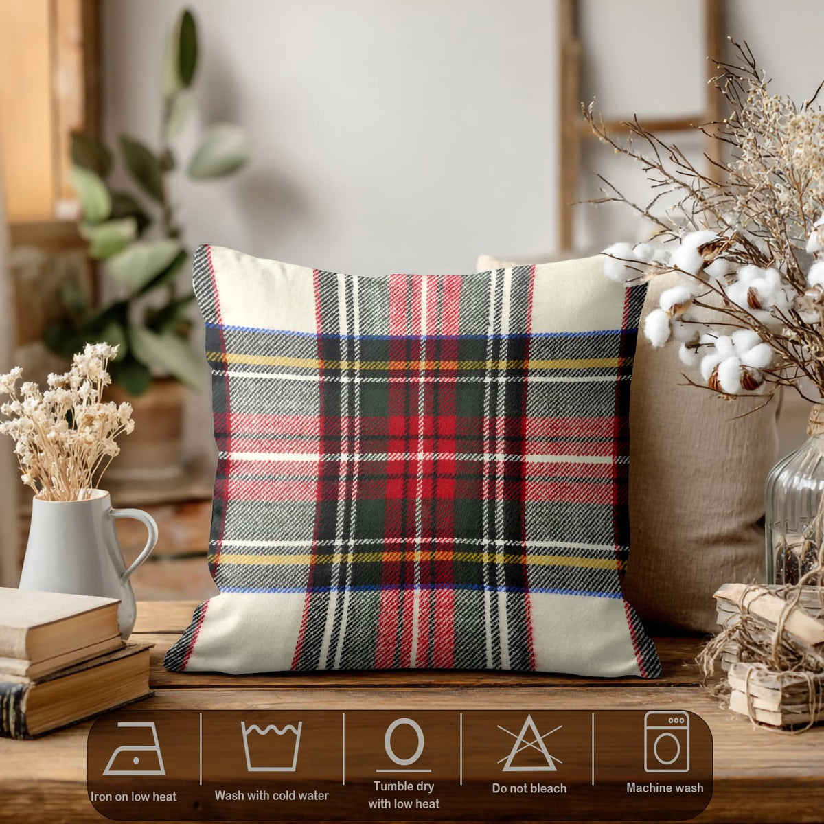 Batmerry Plaid Pillow Covers 18x18 Inch Set of 2, Scottish Tartan Red and White Wool Plaid Pattern Symmetric Square Print Double Sided Decorative Pillows Cases Throw Pillows Covers