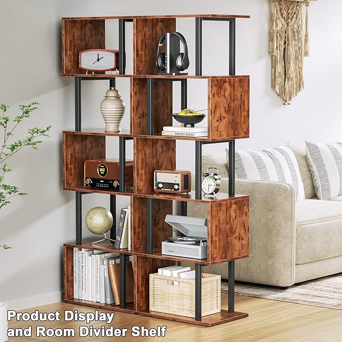 Furologee 6 Tier Bookshelf, Tall S Shaped Geometric Bookcase, Modern Display