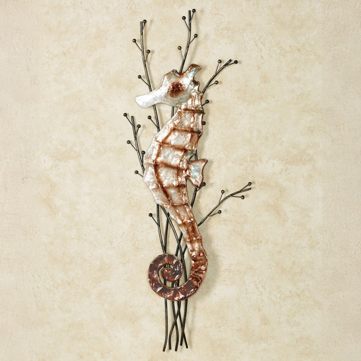Touch of Class Atlantic Seahorse Metal Wall Sculpture Brown One Size - Coastal Style - Ocean Theme Decor - Metal and Capiz Shell Nautical Beach Themed Art for Bathroom, Bedroom - 31 Inches High
