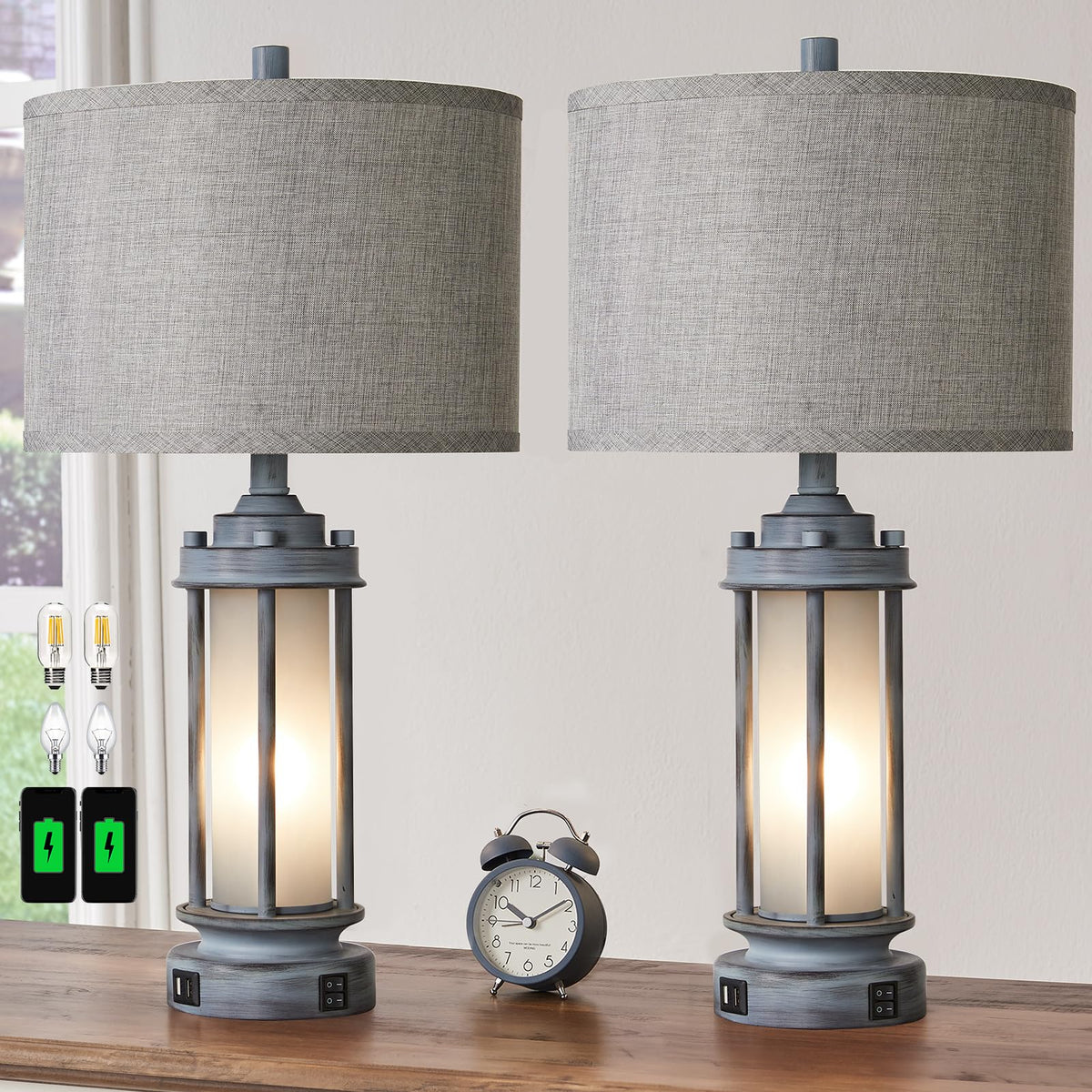 AIEAMPDO Set of 2 Rustic Table Lamps for Living Room with 2 USB C+A Ports
