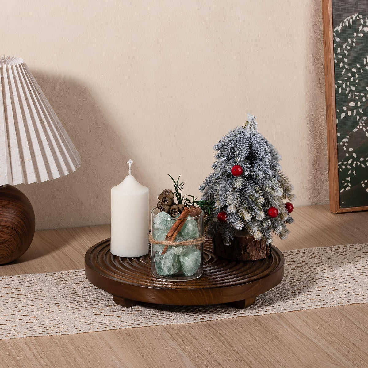 Round Decorative Tray Farmhouse Bathroom Decor Wood Riser Kitchen Countertop Organizer for Perfume, Candle, Plant, 10 inch Walnut