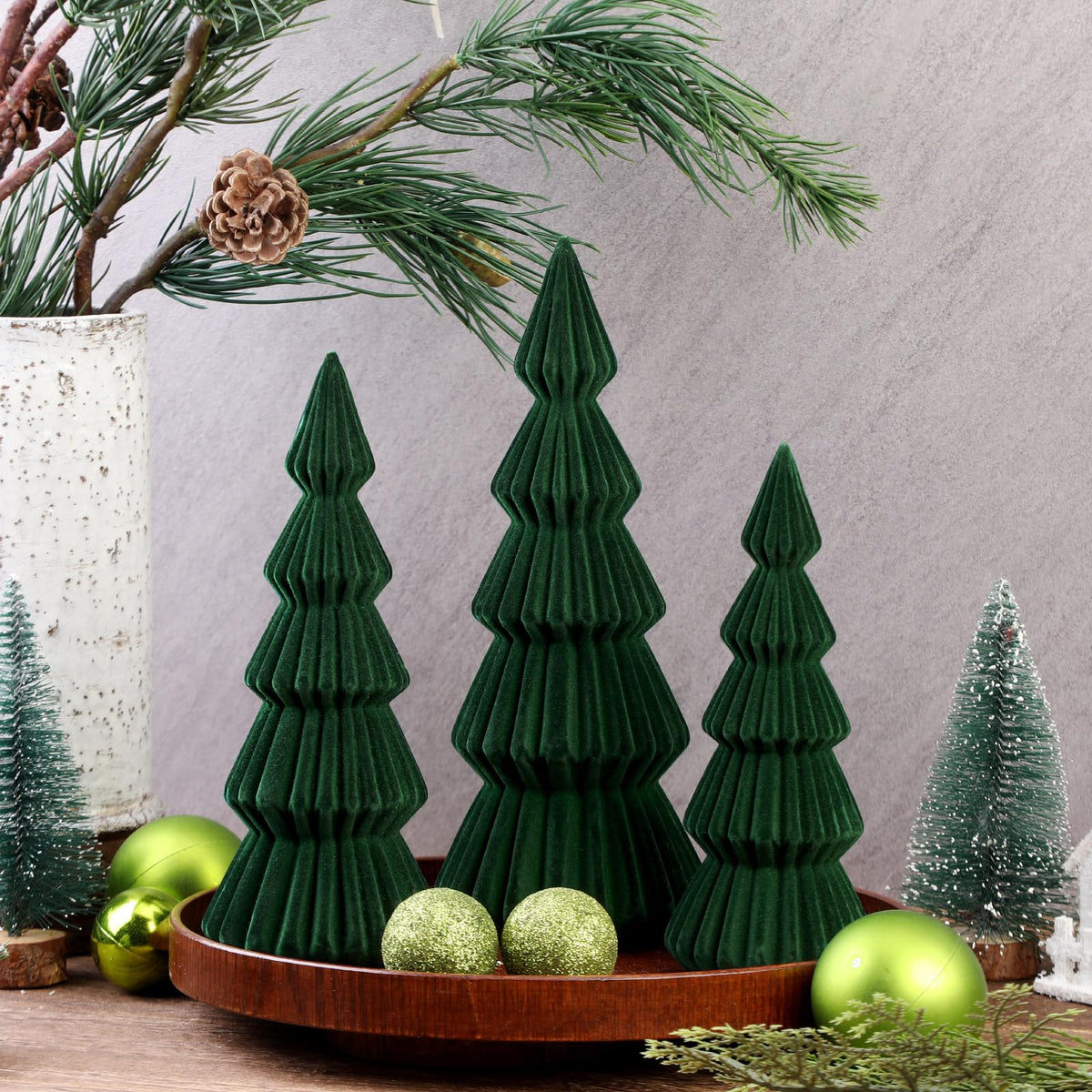 Relaxgiant Set of 3 Velvet Ceramic Christmas Trees Decoration Large Modern Velvet Cone Christmas Tree Figurine Decor Holiday Xmas Winter Indoor Home Tabletop Mantel Centerpiece(Dark Green)