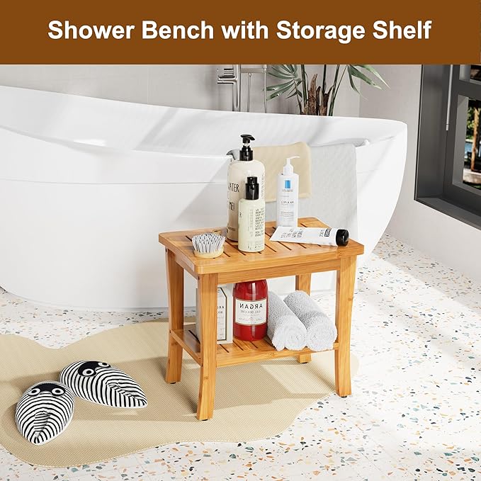 Bamboo Shower Bench Stool with Storage Shelf Waterproof Shower Chair Spa Bath