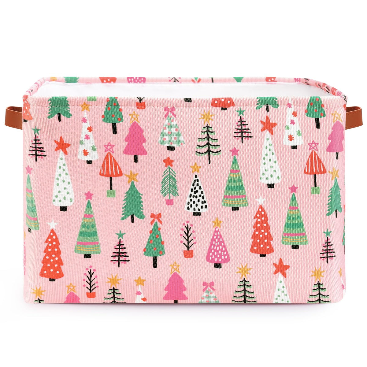 FYSUIMU Christmas Storage Basket with Handles Xmas Tree Pink Cube Storage Bin Foldable Fabric Container Organizer Box for Home Office Dorm Closet Shelf Toy