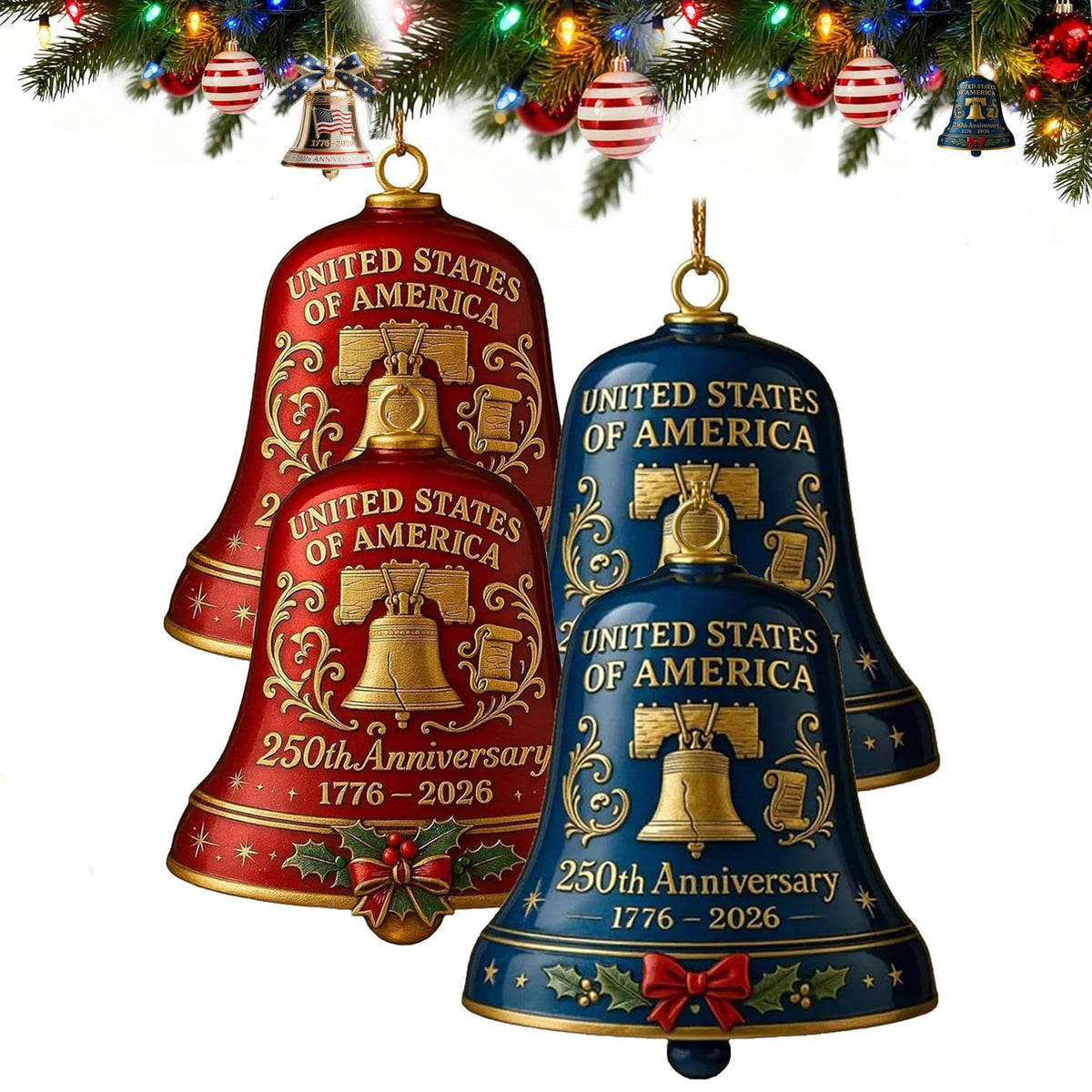 4pc 250th Anniversary USA Bell Ornament for 4th of July Decorations, 2D Acrylic 250 Anniversary Merchandise, America 250th Birthday Gifts, 250th Patriotic Decorations for Holiday Ornament Gift Bulk