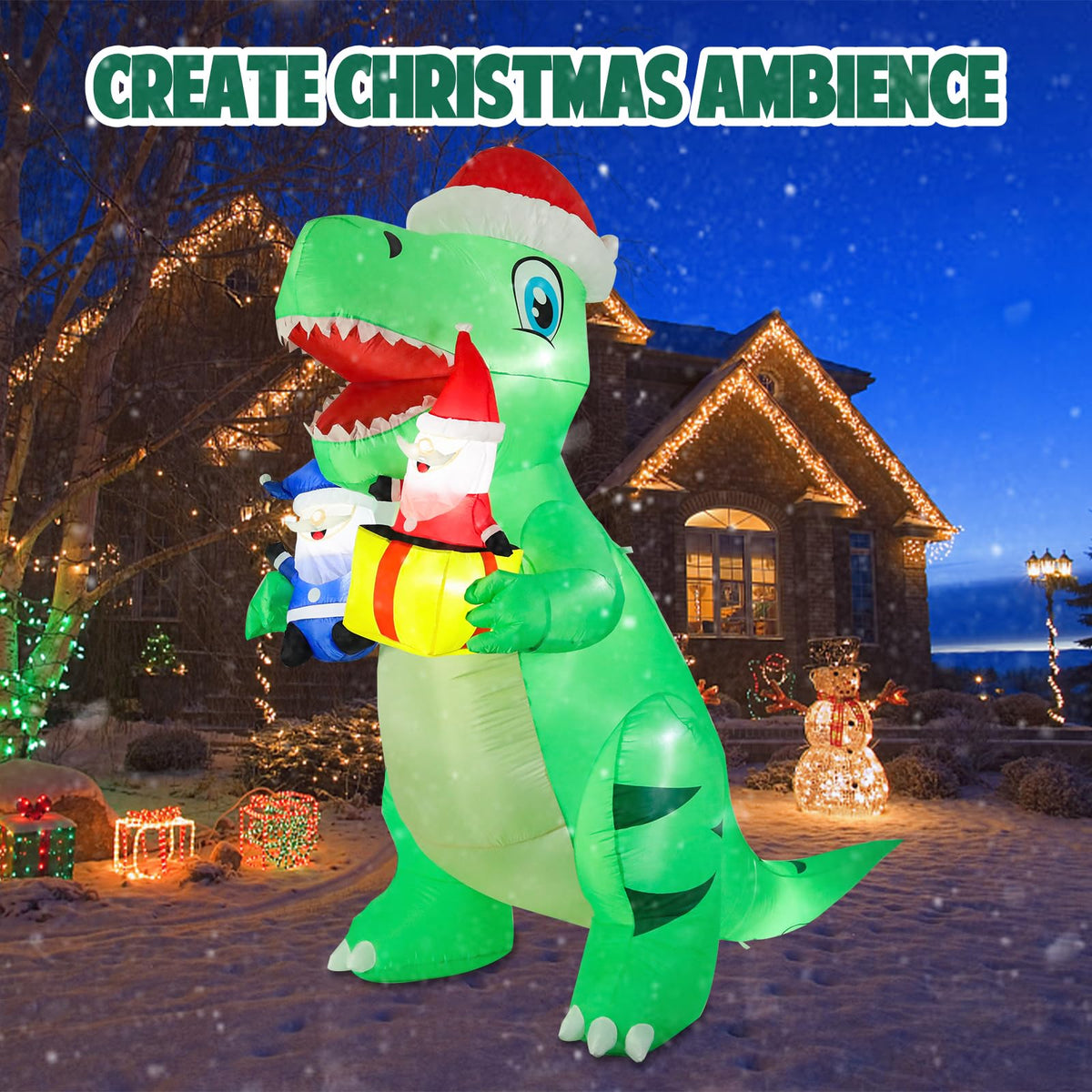 Vipush 8 FT Christmas Inflatable Decorations Dinosaur Christmas Decorations Outdoor Inflatable with LED Light, Outdoor Holiday Decor Blow Up Yard Decor