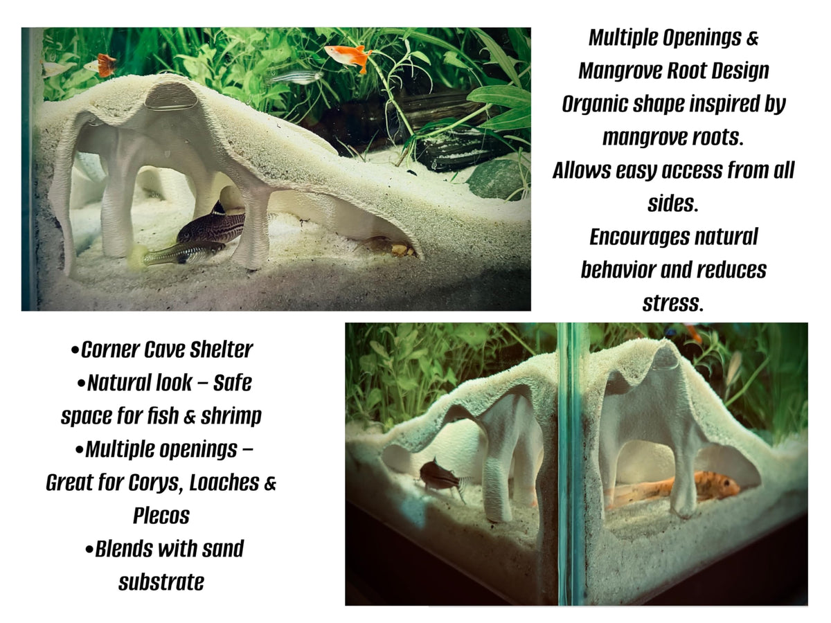 Aquarium & Terrarium Corner Underground Cave – Faux Mangrove Root Hideout for Betta, Corydoras, Shrimp, Geckos & Snakes – Natural-Look Tank Decor in Textured Root Style (Charcoal, 7.5" x7.5''x4)