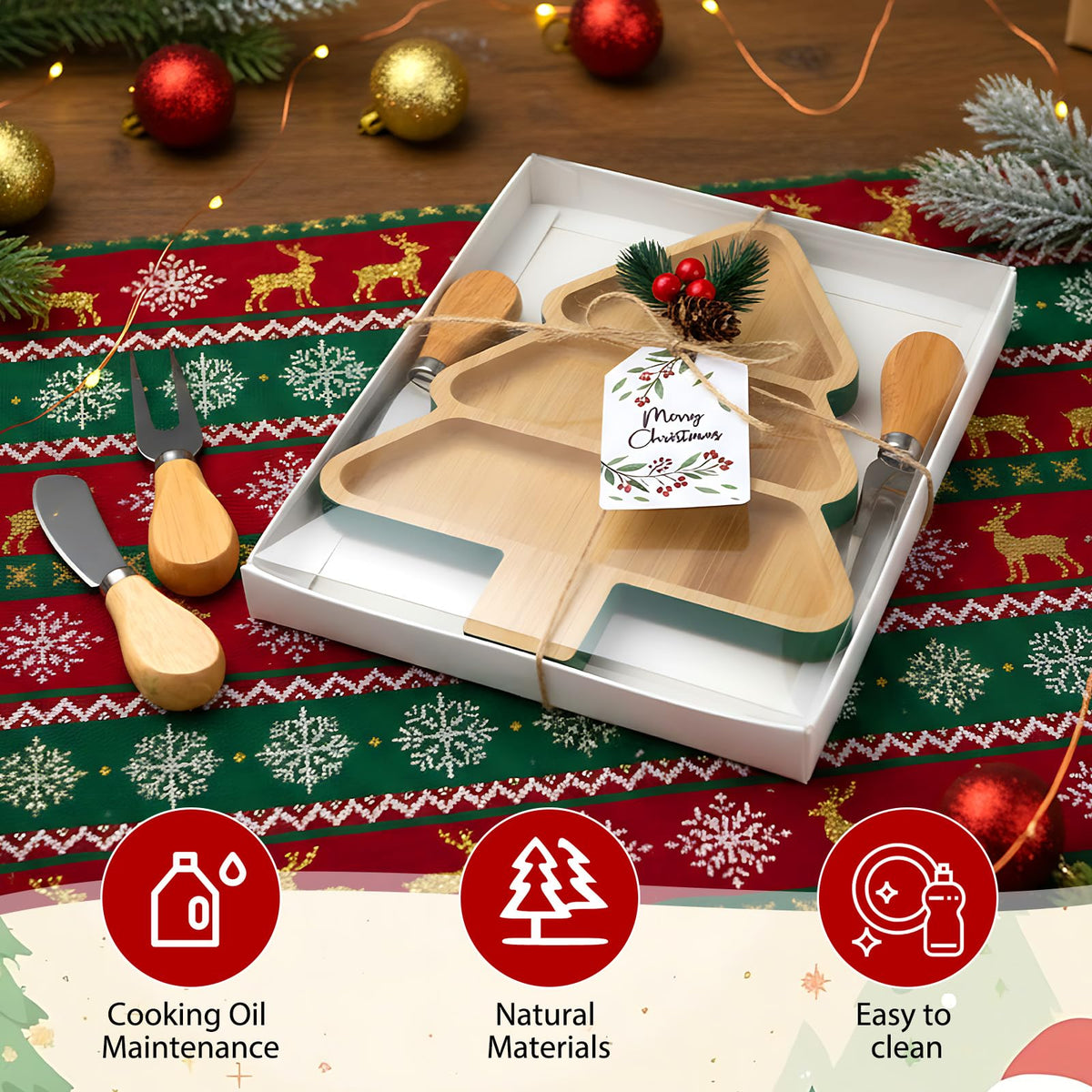 12 Set Christmas Charcuterie Board Gifts Bulk, Kitchen Gifts Christmas Tree Shaped Wooden Serving Tray Board with Knives Fork Red Berry Decorative for Snacks Cheese Desserts Holiday Xmas Party Gift