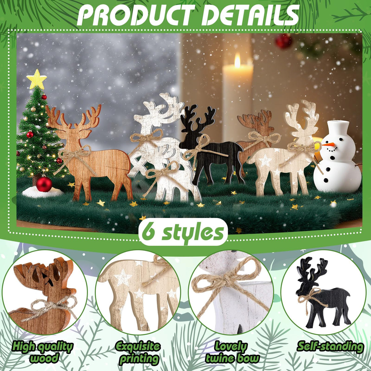 Yuntau 6 Pcs Christmas Table Decoration Wooden Farmhouse Table Centerpieces Rustic Christmas Tree House Reindeer Elk Angel Snowflake Wooden Sign Block Tiered Tray Decor for Xmas Gifts(Elk)