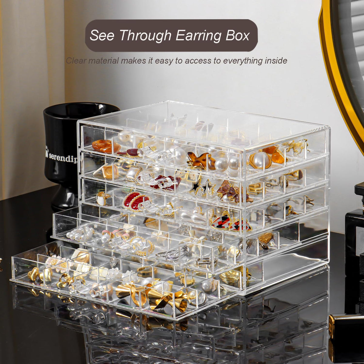 YUFONG Earring Holder Organizer Acrylic Earring Storage Box for Girls Women Jewelry Organizer Display Case with 100 Small Compartment (Clear, 5 Drawers)