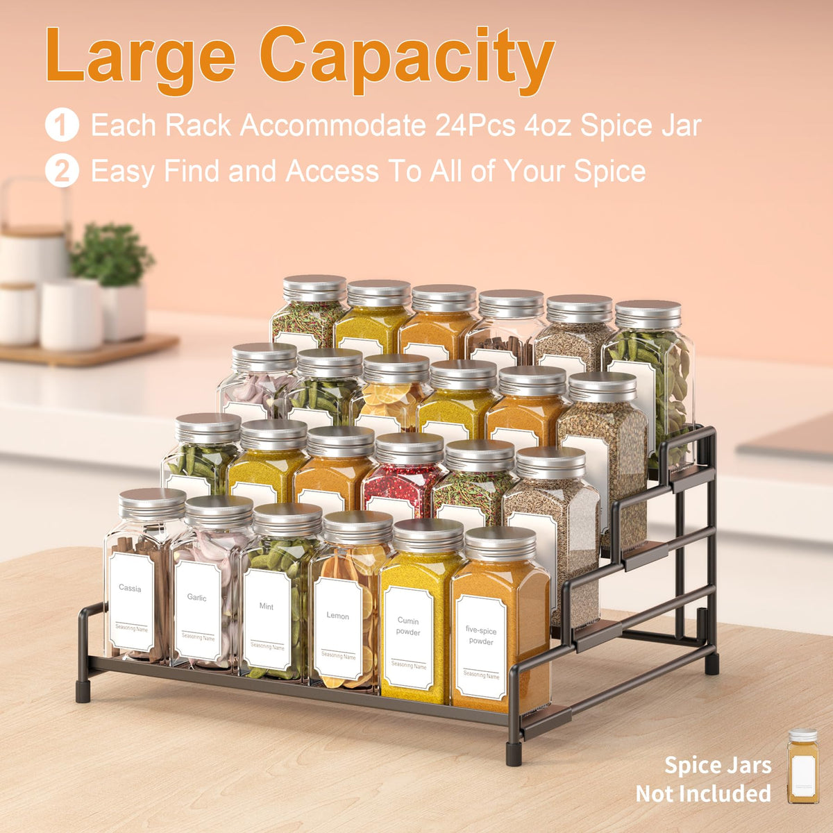 RUILALIFE 4-Tier-Spice-Rack-Organizer-for-Cabinet, Adjustable Depth Spice Holder Shelf For Countertop Pantry Cupboard, Metal Tiered Seasoning Organizer,Display Shelf Riser (Black-1 Pack)