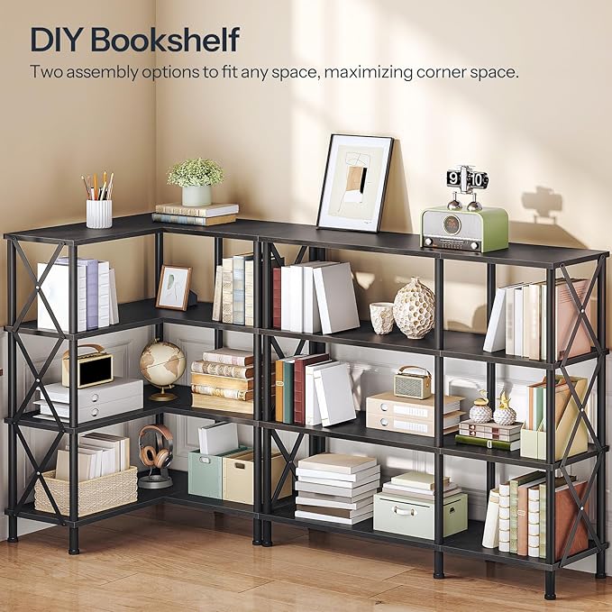 HOOBRO Corner Bookshelf, 4-Tier L-Shaped Bookcase, Industrial Open Display