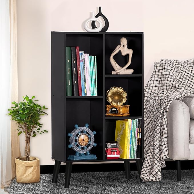 YAHARBO Small Black Narrow Bookshelf, 3 Tier Modern Bookcase