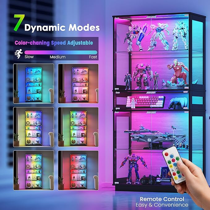 RGB Glass Display Cabinet, 5-Tier Lighted Display Case