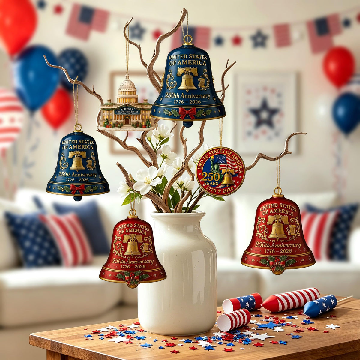 2pc 250th Anniversary USA Bell Ornament for 4th of July Decorations, 2D Acrylic 250 Anniversary Merchandise, America 250th Birthday Gifts, 250th Patriotic Decorations for Holiday Ornament Gift Bulk