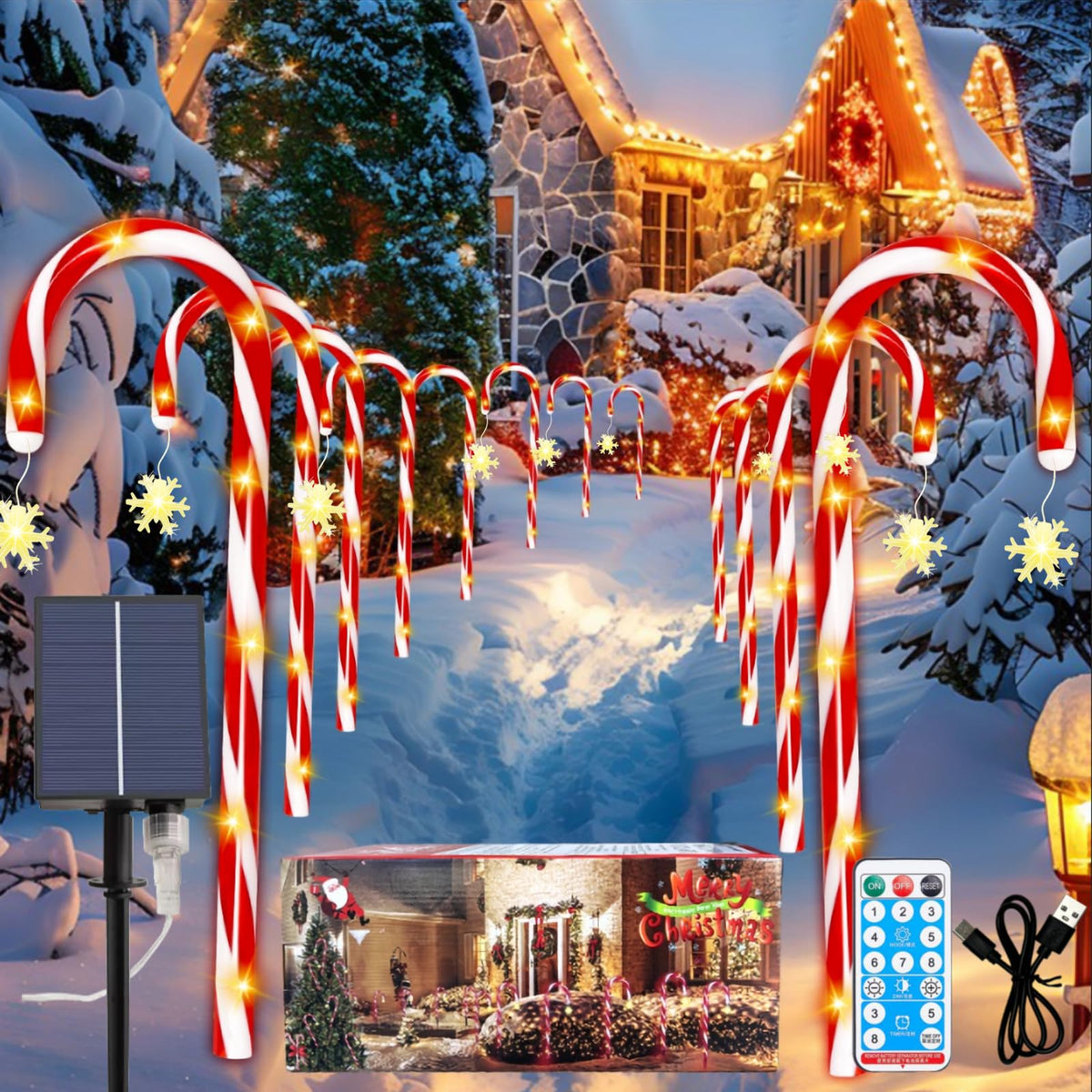Solar Candy Cane Lights, 12 Pcs Christmas Decorations Outdoor, 8 Modes and Timer, Solar & USB Rechargeable, Waterproof Pathway Lights for Outdoor Christmas Yard Patio Walkway Decor