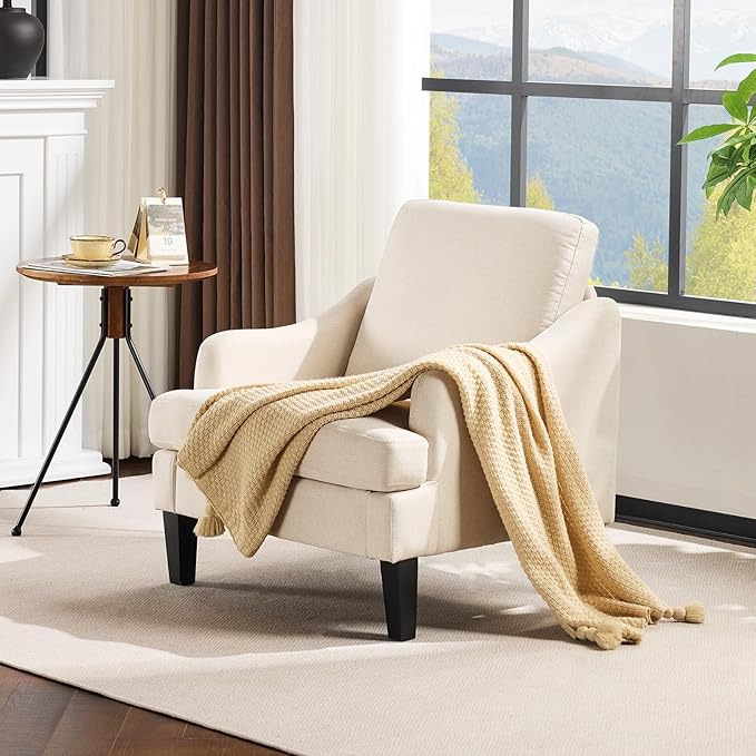 VINGLI Linen Fabric Accent Chair Beige, Modern Upholstered Armchair, Comfy Sofa