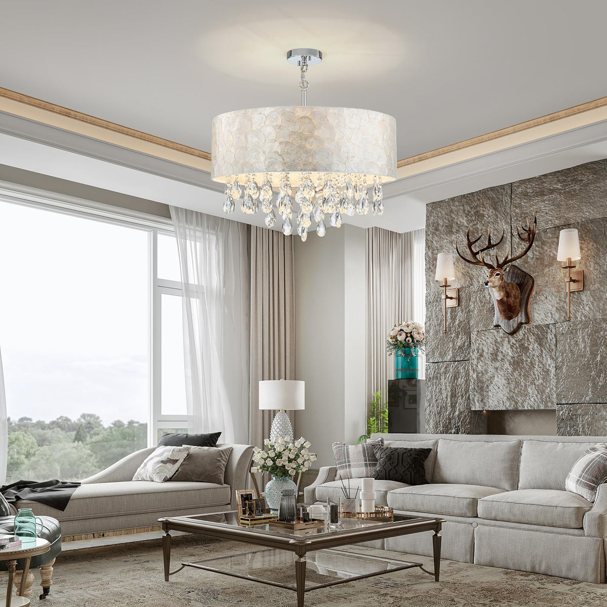 LumFurn X-Large D24in Drum Capiz Shell Crystal Chandeliers, 6-Light Coastal Style Light Fixture for Dining Room, Living Room, D24xH23~71in(Adjustable), K9 Crystal, Shell Lampshade & Chrome Finish