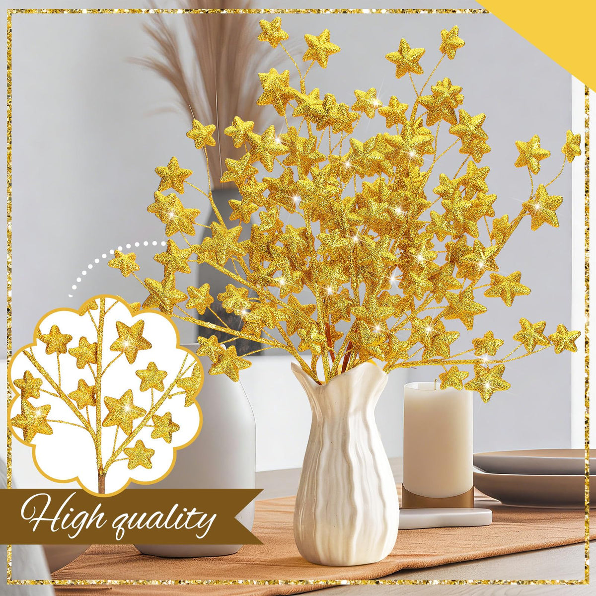 Rivvlive 6 Pcs Glitter Star Picks 17.7 Inch Sparkly Star Tree Stem Picks Twinkle Sticks Foam Vase Table Craft Decoration for Christmas Birthday Party Wedding Centerpieces (Gold)