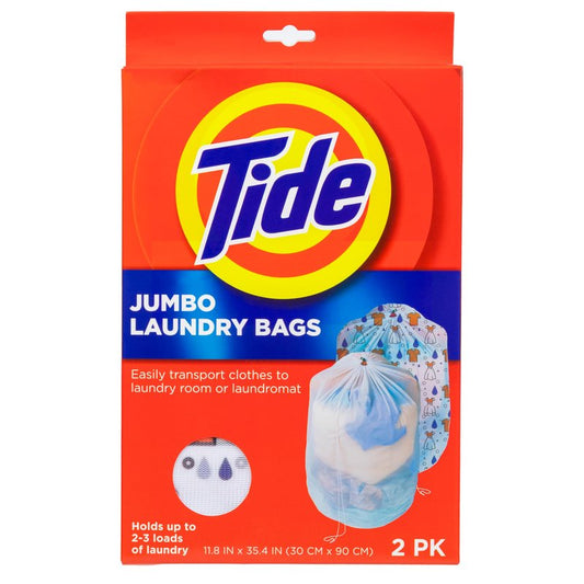 Tide Jumbo Mesh Laundry Bags, 2 Pack, 12" x 34", Holds Up to 3 Loads – Durable, Breathable Laundry Sack for Home, Dorm & Travel