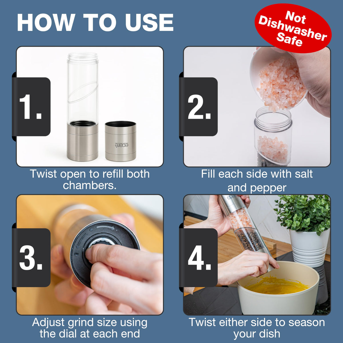 Eparé 2 in 1 Salt and Pepper Grinder Combo – Dual Space Saving for Kitchen & Dining - Manual Stainless Steel Salt and Pepper Grinder in One