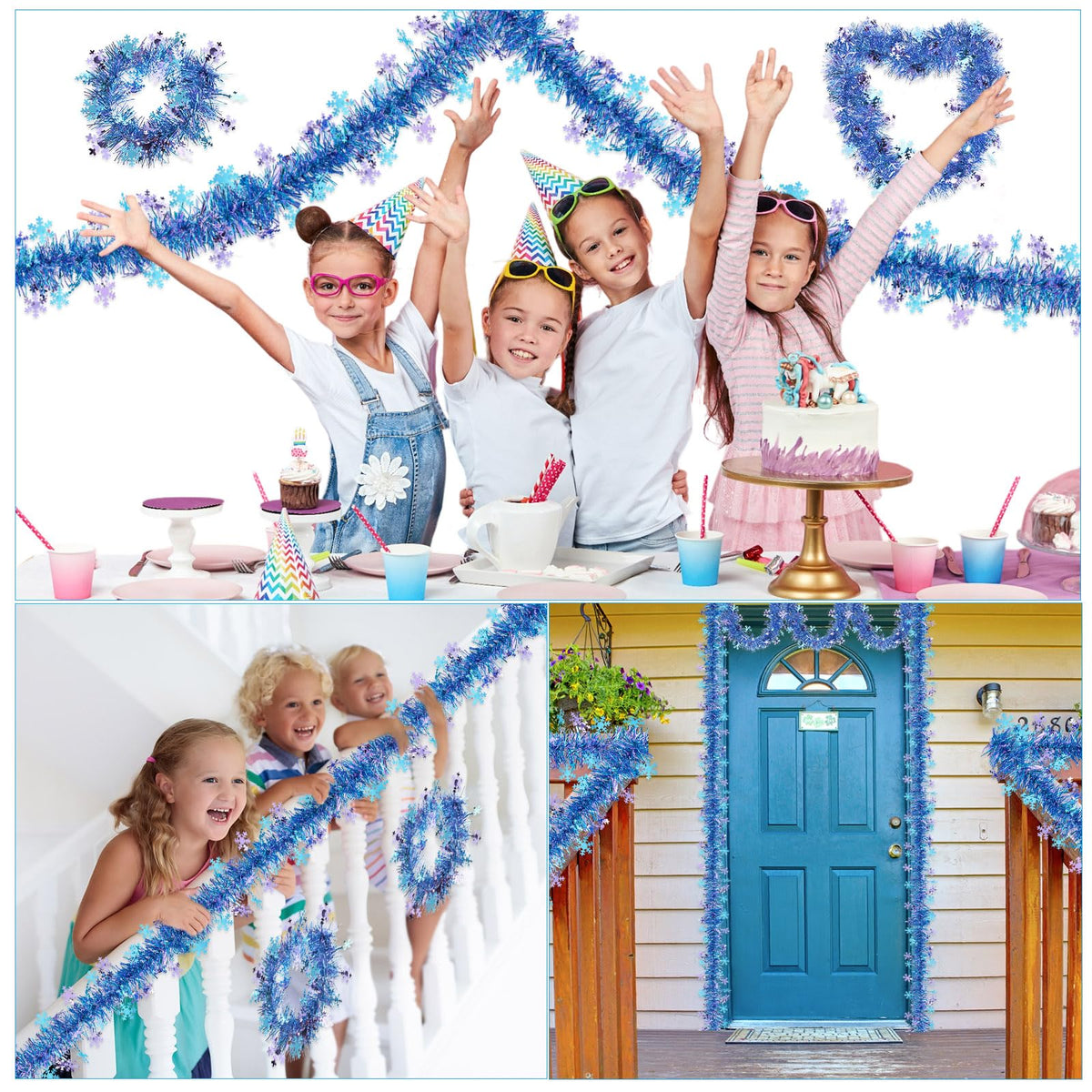 Blosssound 26 Feet Blue Purple Snowflakes Tinsel Garland Glitter Metallic Tinsel Twist Banner Shiny Iridescent Garland for Indoor Outdoor Ceiling Wall Christmas Tree Birthday Party Decorations
