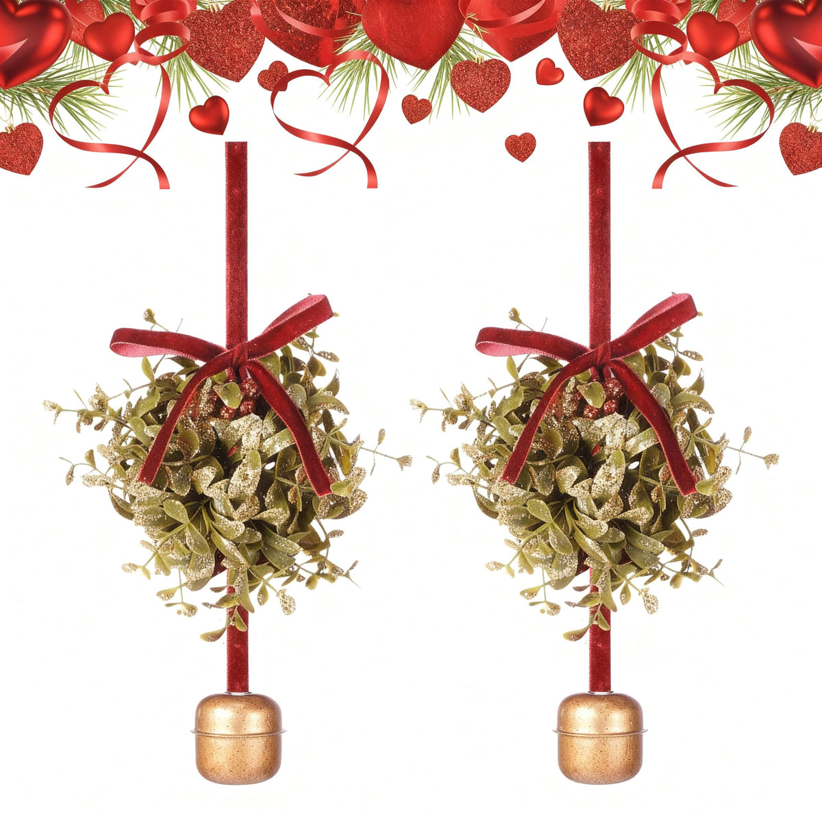 Canlierr 2 Pcs 5 Inch Valentines Day Mistletoe Ball Jingle Bell Ornament Mistletoe Glitter Kissing Ball with Jingle Bell Bow and Red Berry Artificial Hanging Ornament for Doorway Ceiling Light Decor