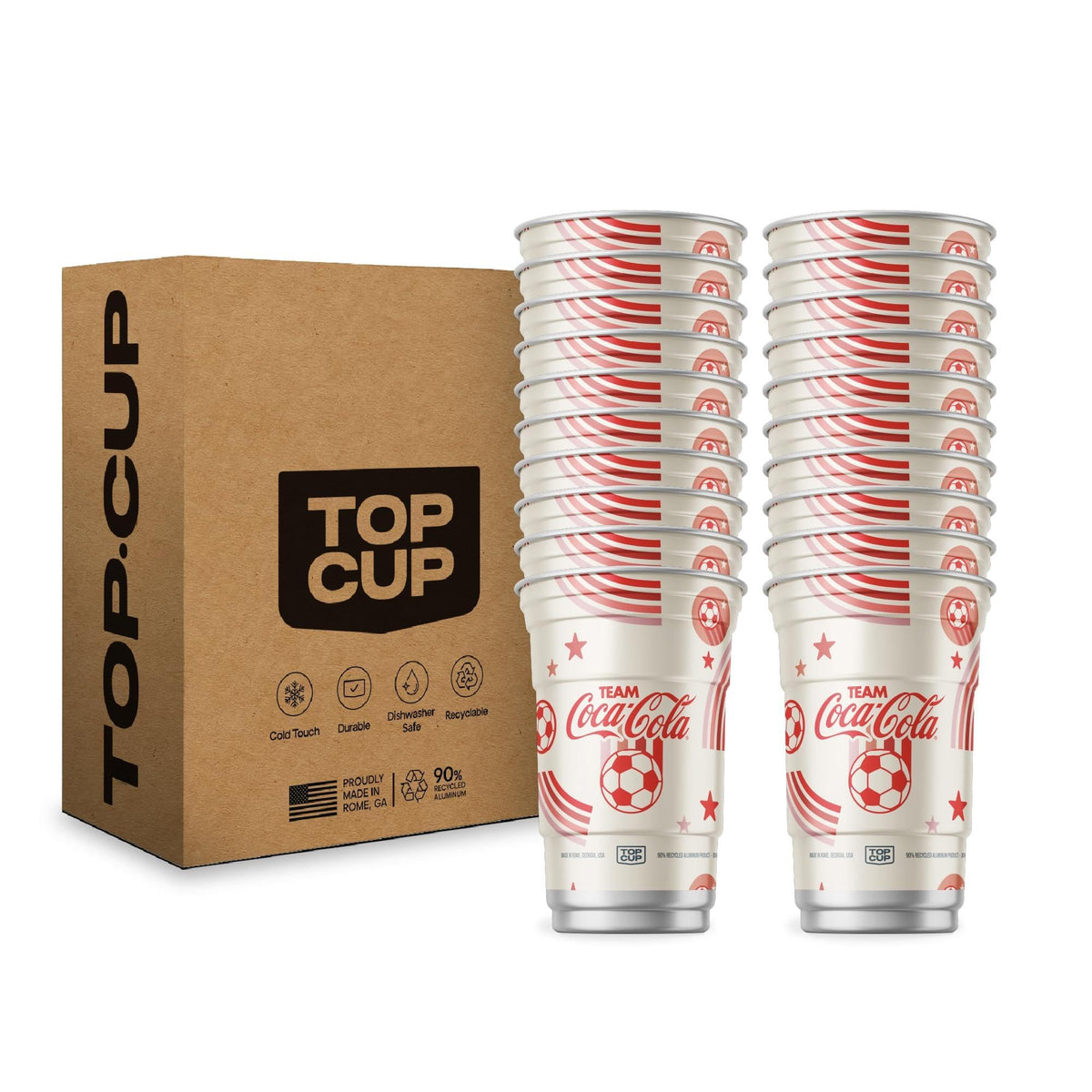 Top Cup – 20 Ounce, 20 Count, Officially Licensed Coca-Cola Soccer Theme Aluminum Party Cup | Cold-Holding, Recyclable, Made in USA