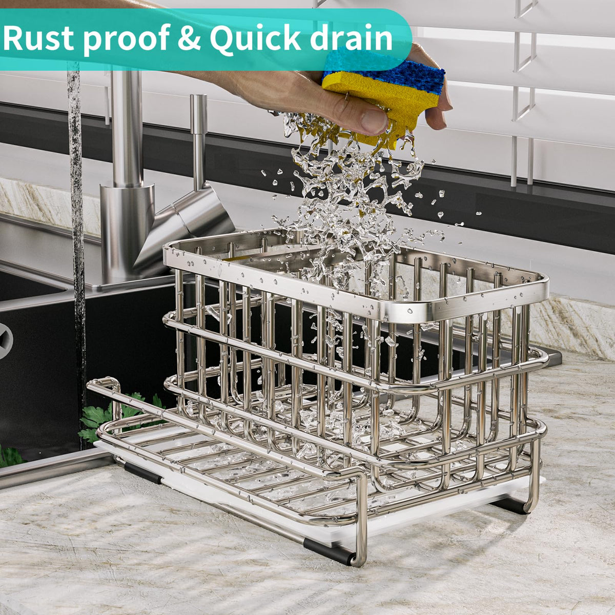 HapiRm Kitchen Sink Organizer, SUS304 Stainless Steel Rustproof Multifunctional Large Sink Caddy with Sponge Holder and Drain Tray for Kitchen Countertop (Silver)