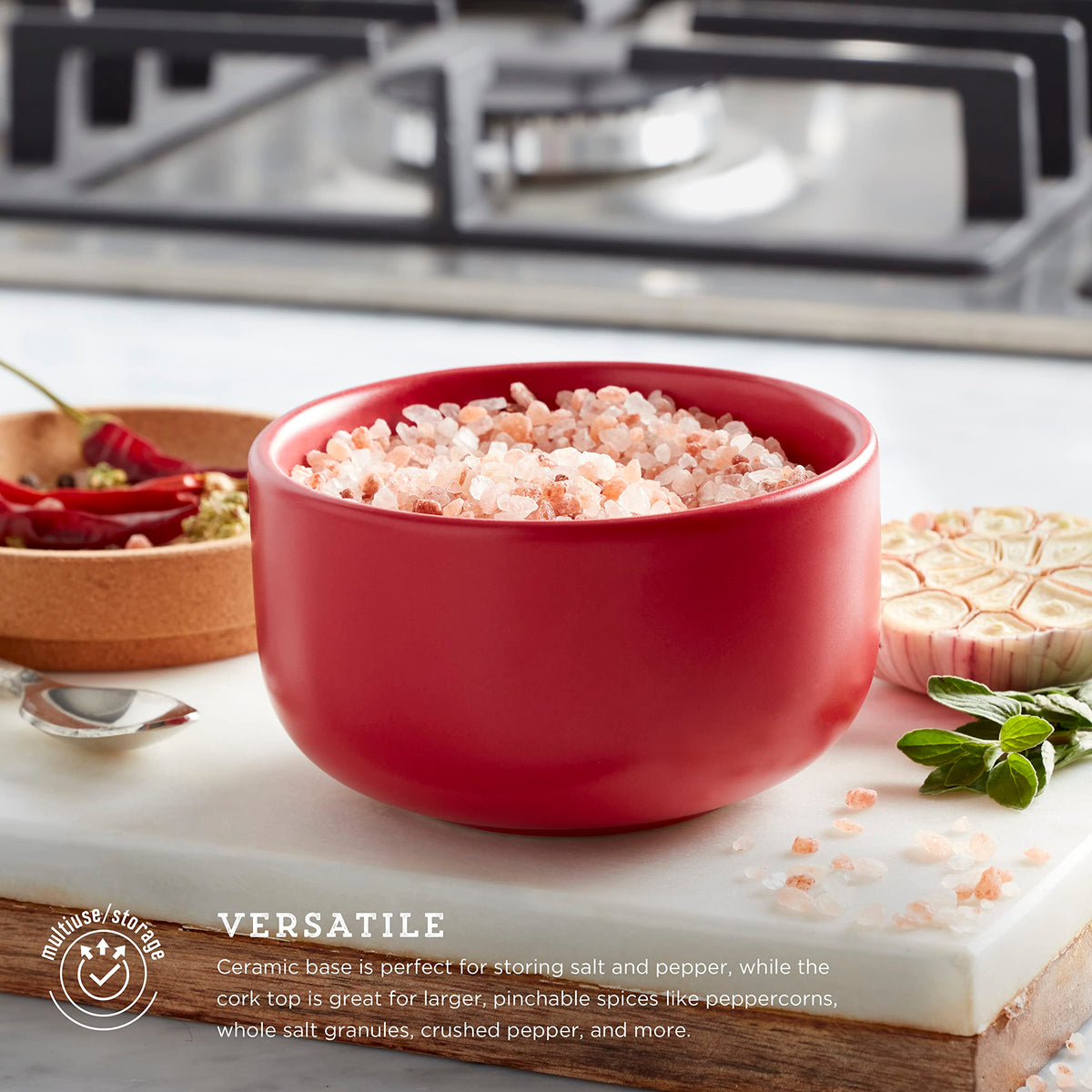 Kamenstein Ceramic and Cork Salt Pig with Easy Lift Lid for Easy Access, Red