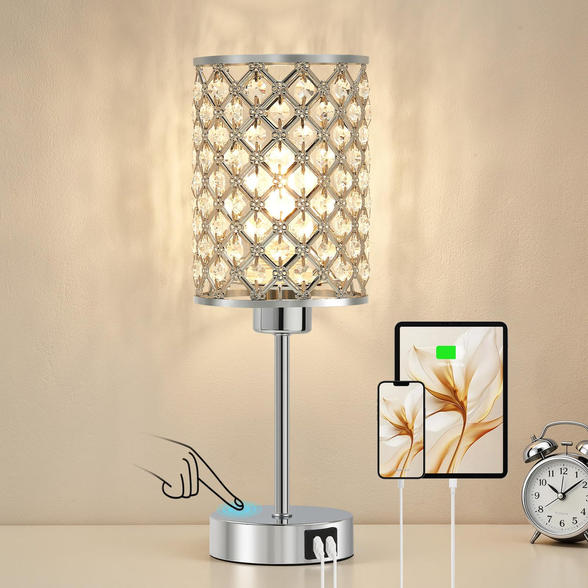 GyroVu Crystal Touch Table Lamp for Bedroom, Silver Desk Lamp with USB-C & USB-A Ports, Dimmable Modern Bedside Lamp for Nightstand, Living Room & Home Office - LED Bulb Included