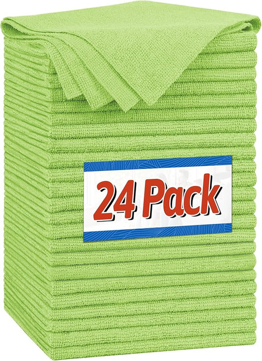 FIXSMITH Microfiber Cleaning Cloth, Shop Towels Bulk, 24 Pack Green Microfiber