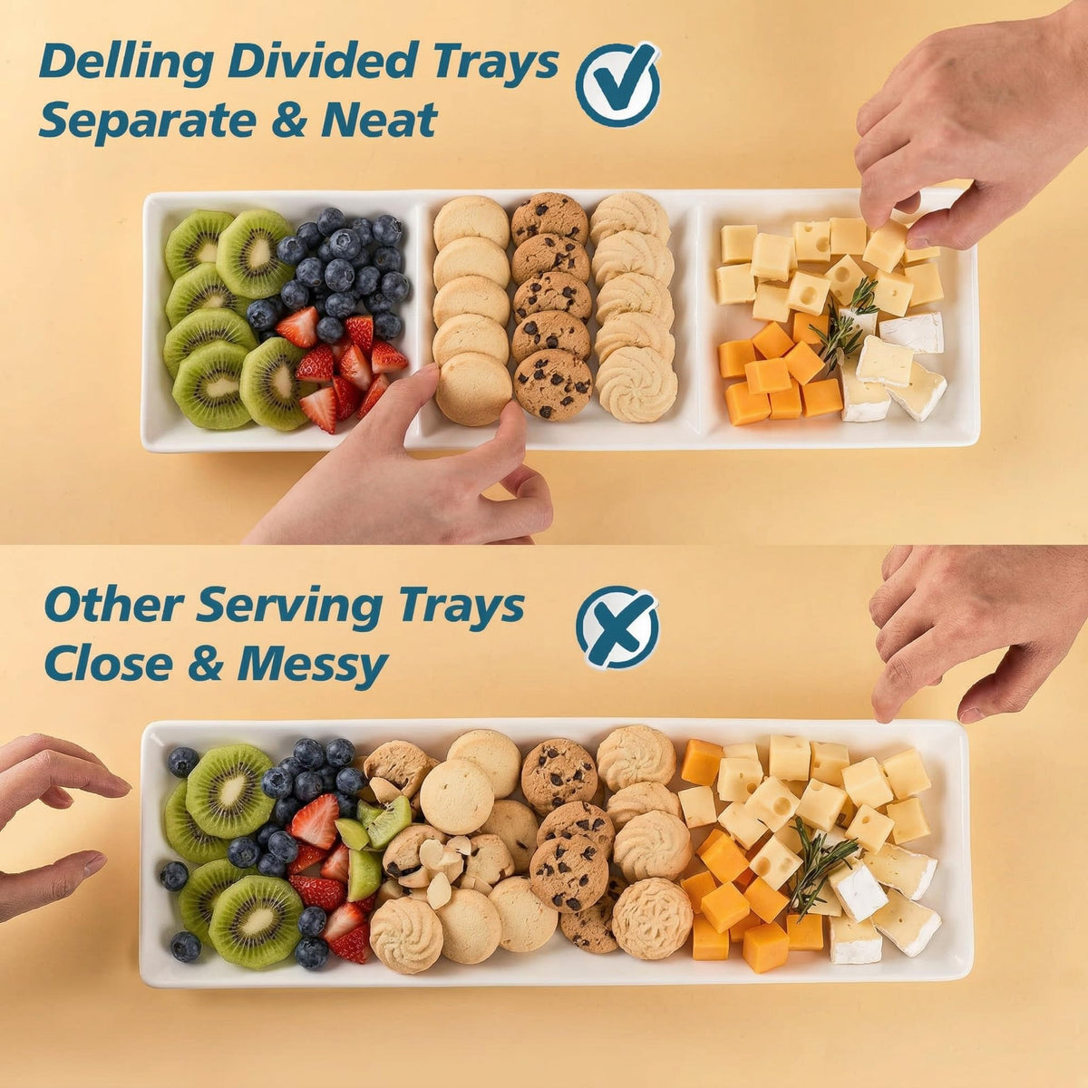 DELLING 16x5 Inch Ceramic 3-Section Serving Tray Set of 3, Stackable Divided Serving Platter - White Porcelain Appetizer Tray for Snack Food Dessert, Dishwasher Safe