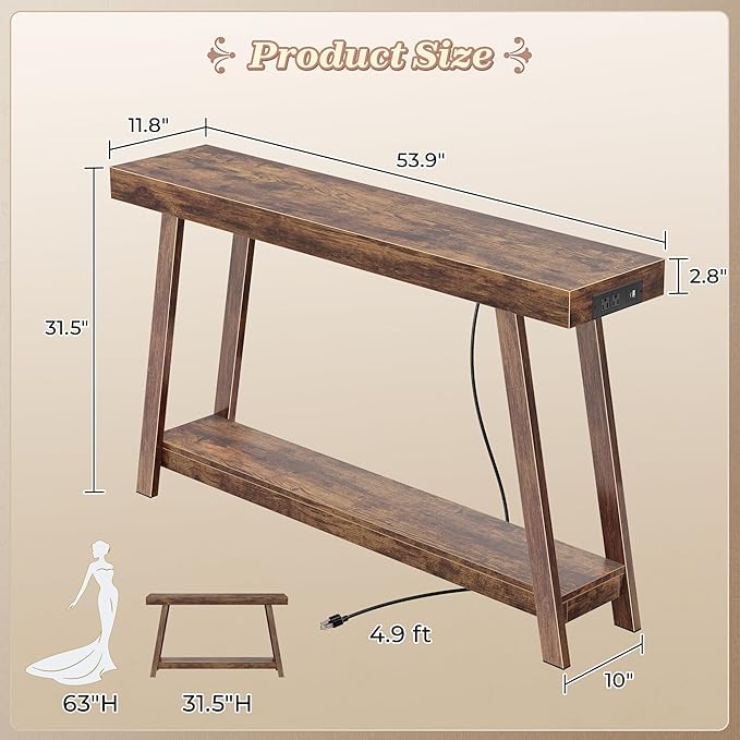 Huuger Console Table with Charging Station, USB-C Port, 2 Tiers Entryway Table