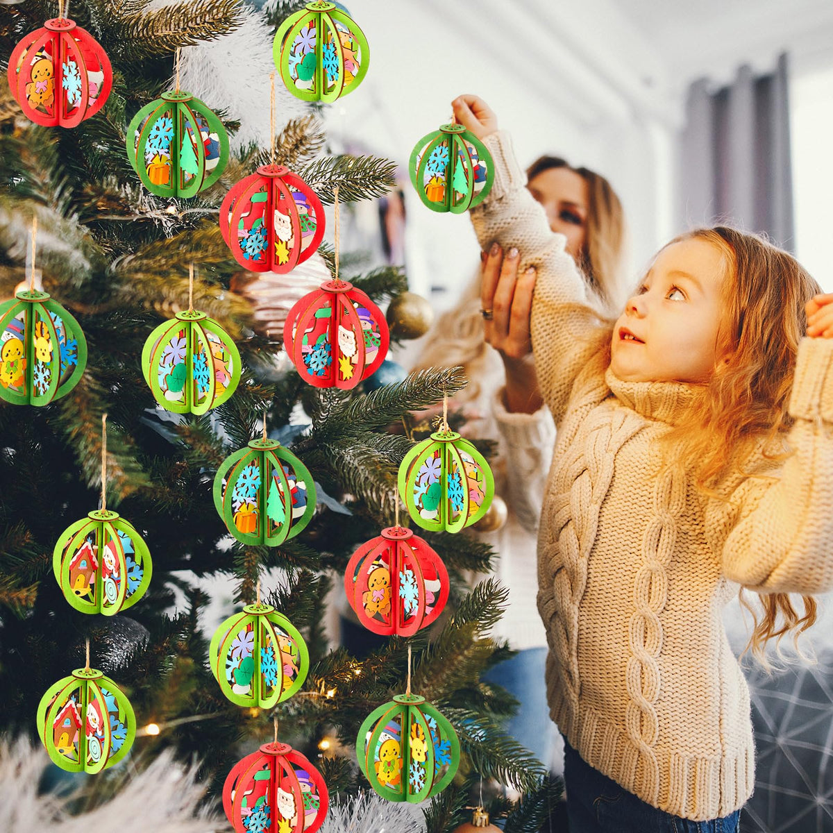 Chunful 36 Pcs DIY Christmas Wood Crafts to Paint 3D Unfinished Wooden Ornaments Christmas Hanging Cutouts Blank Hollow Wood Santa Gingerbread Snowflake Holiday Slice for Xmas Tree Decorations
