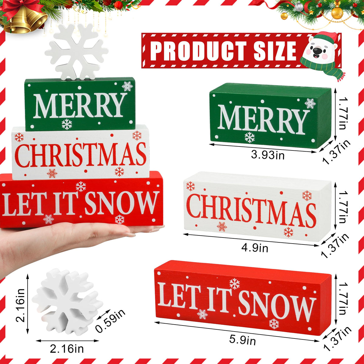 4 Pcs Merry Christmas Wooden Tabletop Decor Let It Snow Table Centerpiece Snowflake Table Sign Xmas Tiered Tray Decor Red Green Wood Block for Xmas Holiday Home Office Kitchen Desk Shelf Decors
