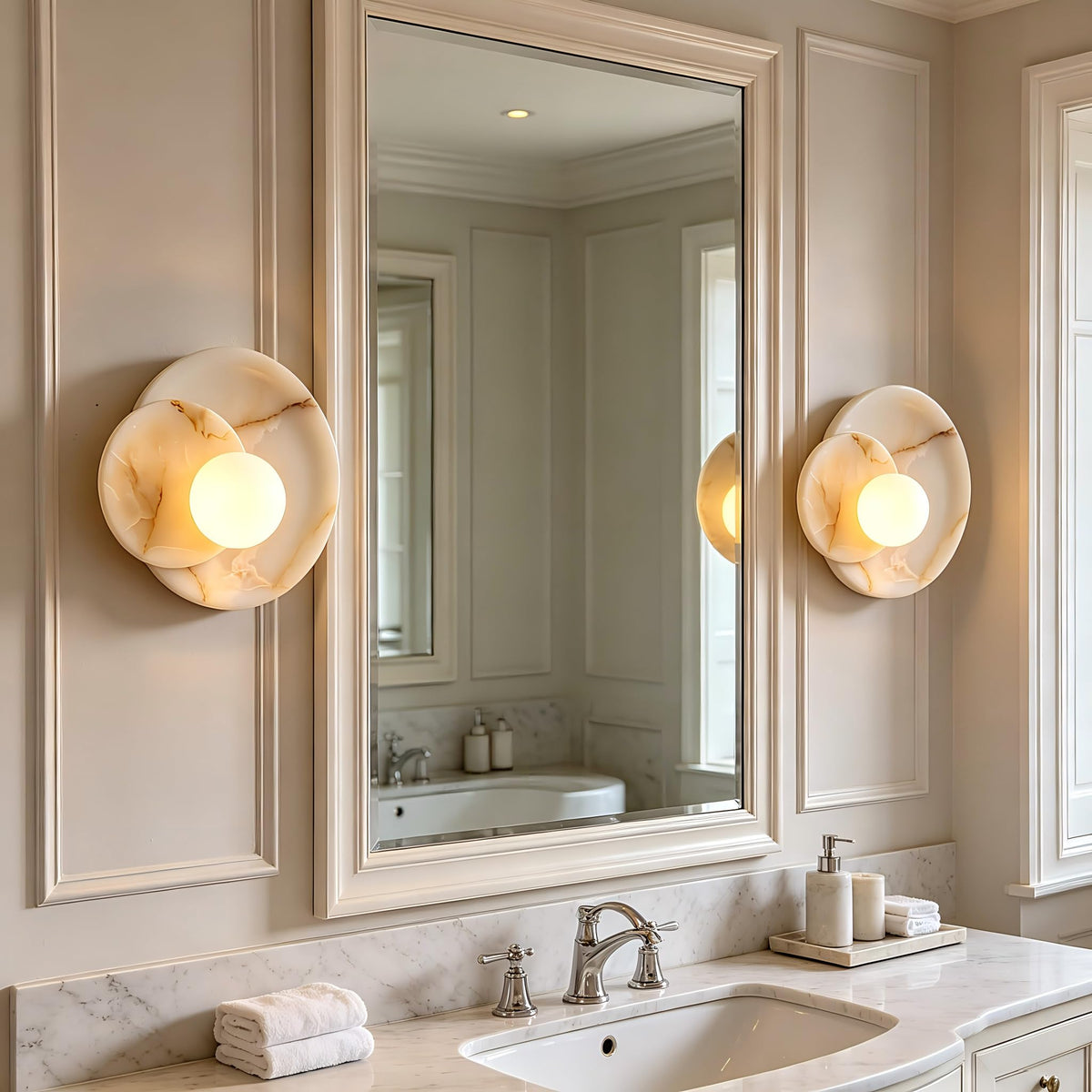Opaline Cream Sculpture Wall Sconce, Natural Cream Onyx Wall Sconce, Wall Lights for Living Room, Bathroom, Bedroom, 6" Dia x 9.75" h