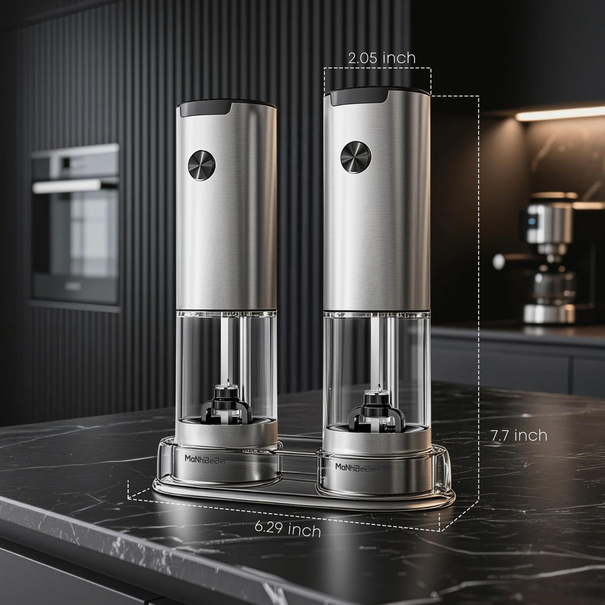 MaNhiBeiBei Electric Salt and Pepper Grinder Set - One-Hand Operated, Adjustable Coarseness, Ceramic Burrs, LED Light, Stainless Steel, Housewarming Gift (2 Pack)