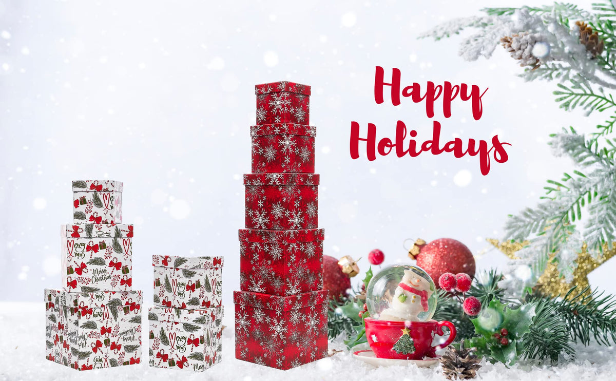 UNIQOOO 5PCS Christmas Nesting Gift Boxes with Lid, Nested Box Set, 5 Sizes, Square Stackable, Red White Green, Xmas Berry Candy Cane Paper Box Tower Décor, Holiday Thanksgiving New Year Packaging