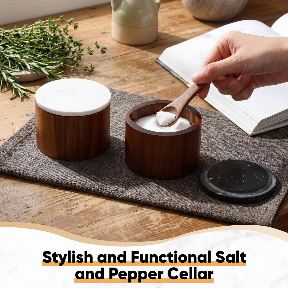 Singhoow 2 Pcs Acacia Wood Salt Cellar with Marble Lid Salt and Pepper with Spoon Natural Acacia Spice Container Decorative White Black Marble Cover for Kitchen Counter